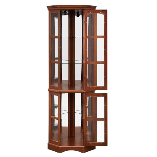 Corner Curio Cabinet with 5 Shelves and Lighting, Tempered Glass Doors Oak k7m