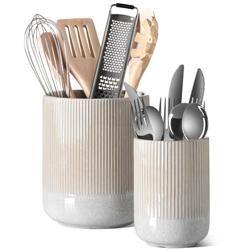 LE TAUCI Utensil Holder, 7.3"+5.4" Ceramic Kitchen Utensil Holder for Countertop, Large Cooking Utensil Crocks for Kitchen Counter, Morden Utensil Organizer for Spatula, Set of 2, Glaze Marble Gray