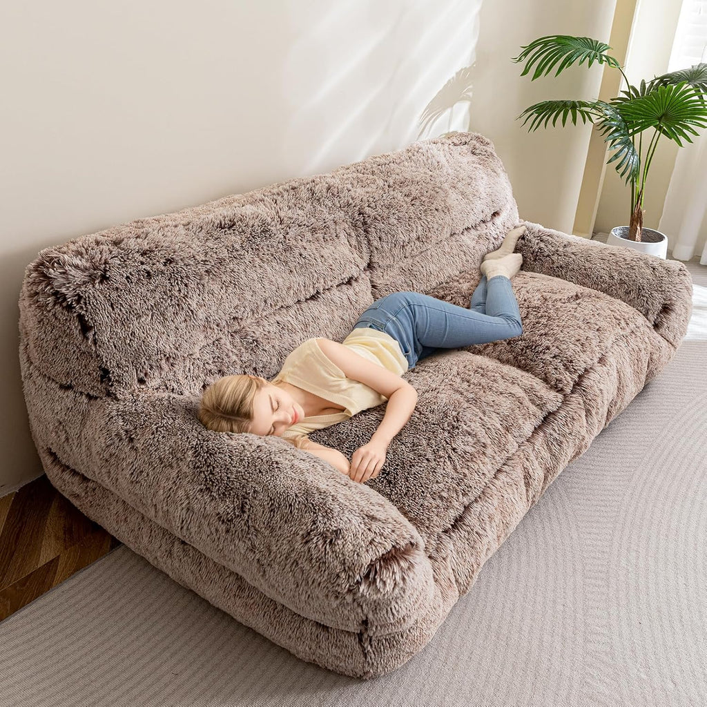HIGOGOGO Giant Human Dog Sofa Bed, Big Comfy Floor Sofa Couch for Pet Families with Foam Chunk Supportive Mat, Fluffy Faux Fur Orthopedic Dog Bed for Human, Snow Coffee