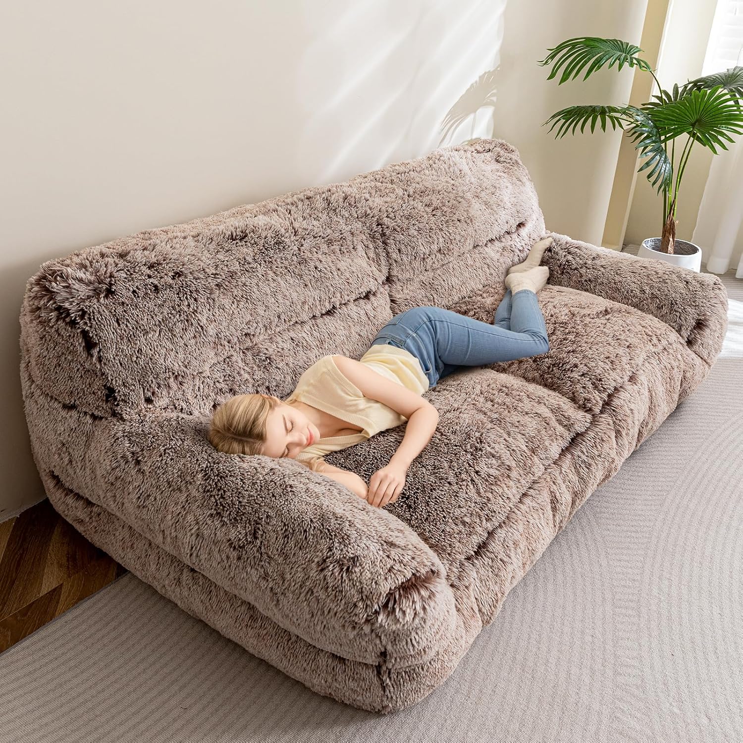 HIGOGOGO Giant Human Dog Sofa Bed, Big Comfy Floor Sofa Couch for Pet Families with Foam Chunk Supportive Mat, Fluffy Faux Fur Orthopedic Dog Bed for Human, Snow Coffee