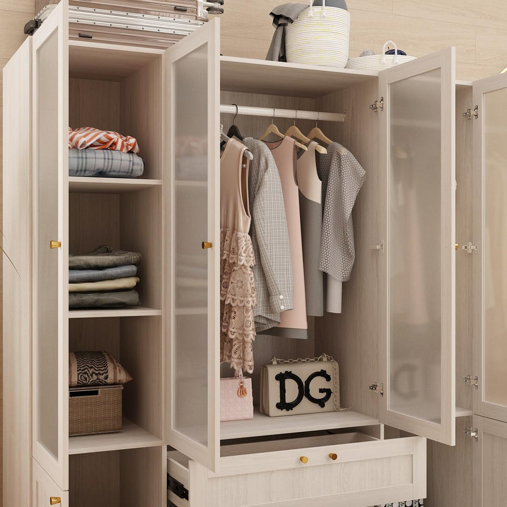 Armoire Wardrobe with 4 Frosted Glass Doors, Wooden Storage Cabinet for Bedroom k7