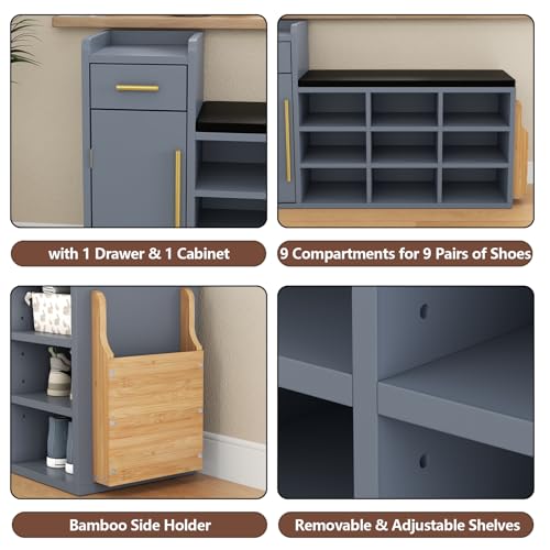 Shoe Storage Bench with 9 Cubbies and Cushion, White a7