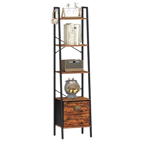 Narrow Bookshelf Bookcase with Drawer and Hooks, 4 Tier Rustic Brown k7
