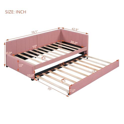 Upholstered Daybed with LED and Trundle, Teddy Fleece Sofa Bed for Kids Bedroom Dorm Beige k7