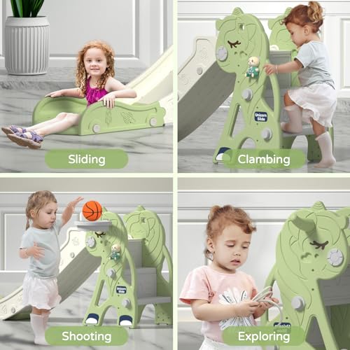 Toddler Slide for Ages 1-3 Indoor Outdoor Playset with Basketball Hoop Pink k7