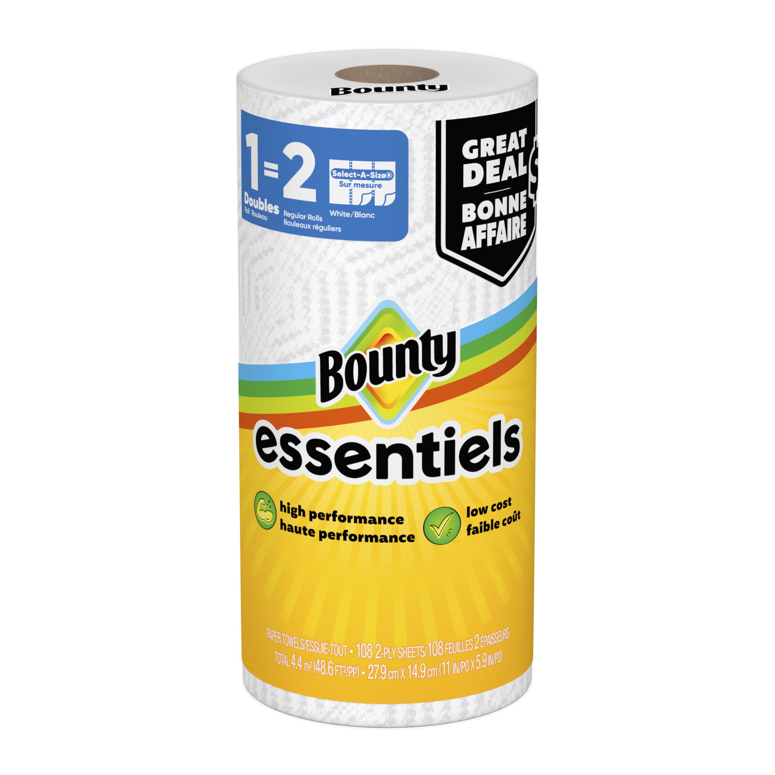 Bounty Essentials Paper Towels, White, 24 Double Rolls, Individually Wrapped for Commercial & Business Use, (108 sheets per roll)
