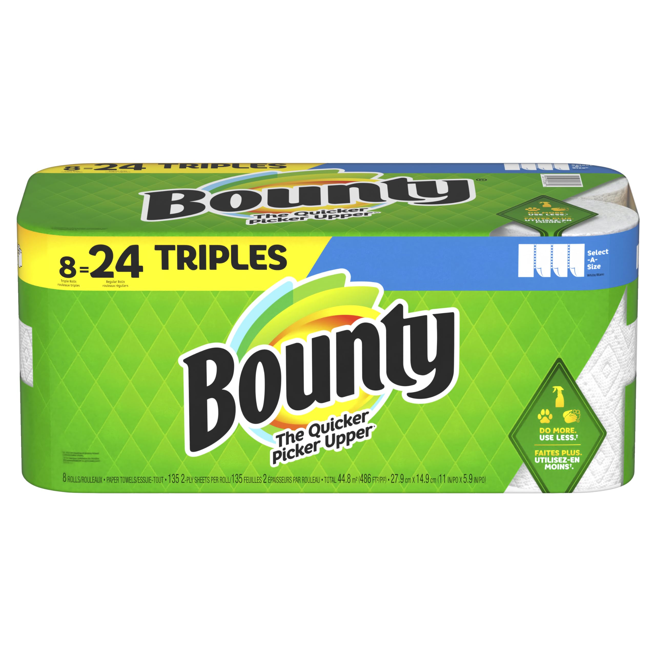 Bounty Select-A-Size Paper Towels, 8 Triple Rolls, White, 135 Sheets Per Roll