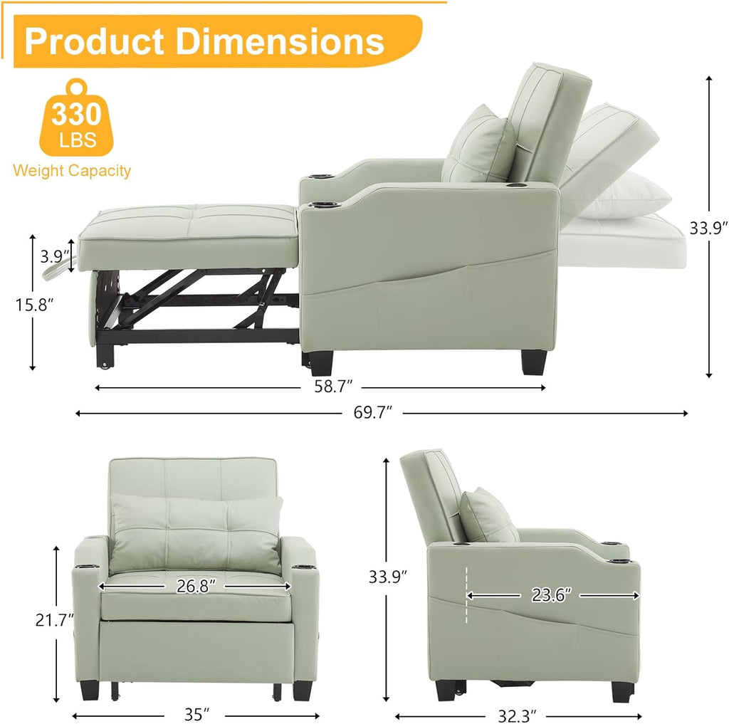 Sleeper Chair 3-in-1 Pull Out Sofa Bed with USB Ports, Mint Green a7