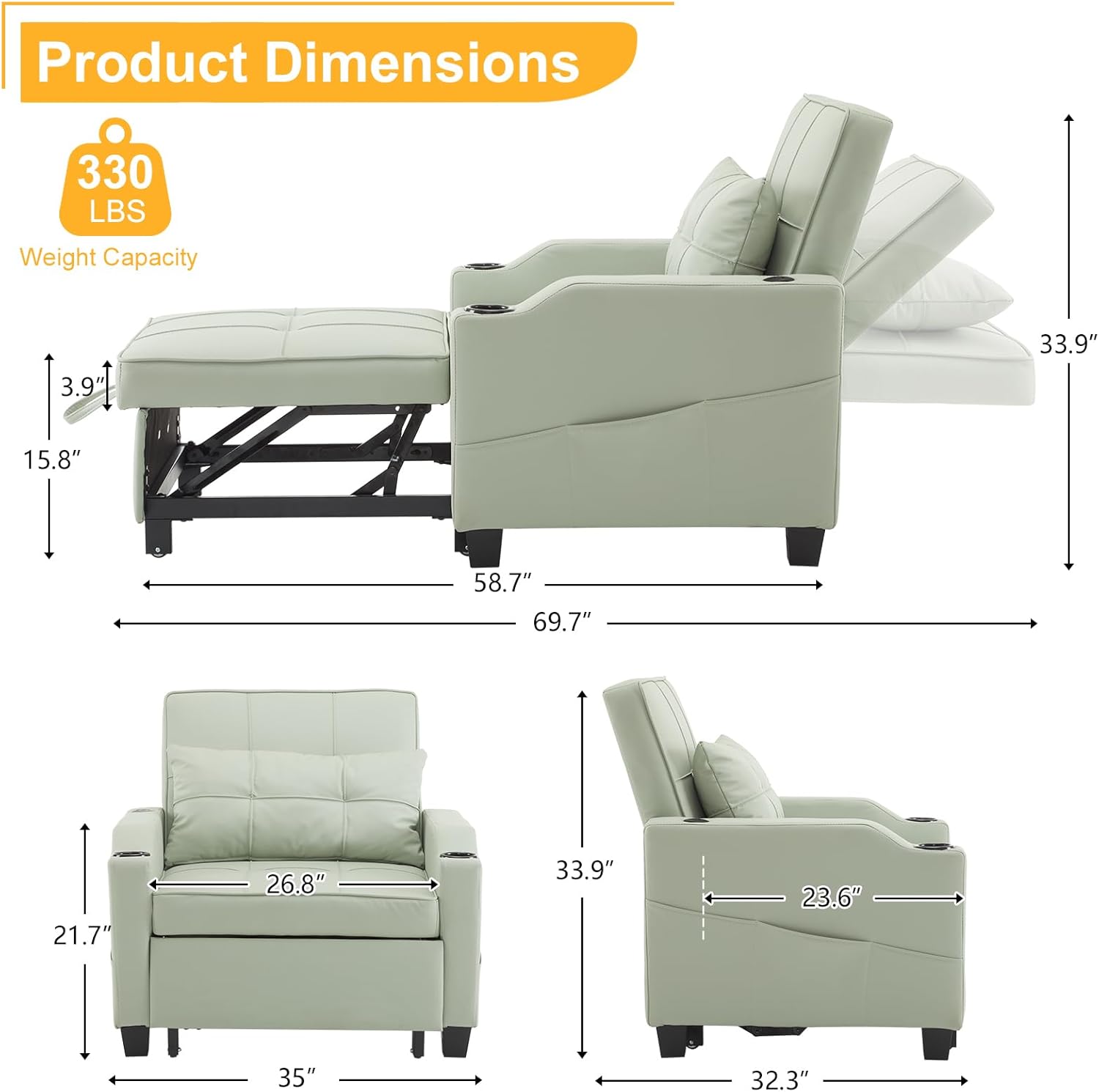 Sleeper Chair 3-in-1 Pull Out Sofa Bed with USB Ports, Mint Green a7