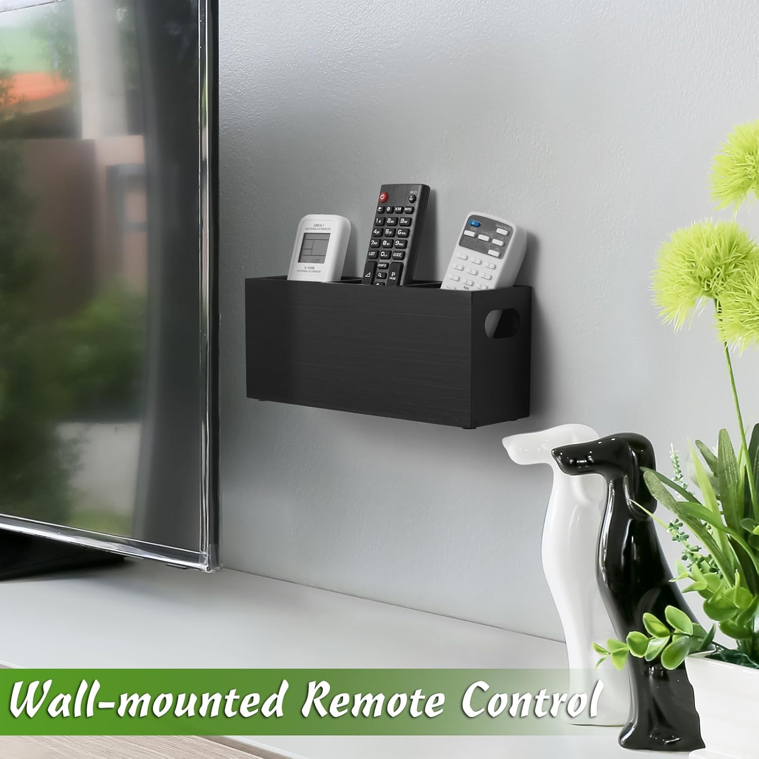 TV Remote Holder Wall Mount 3 Slots Wooden Black a7
