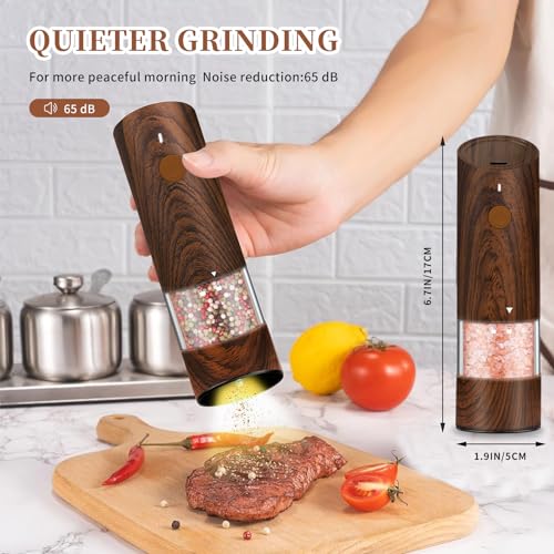 Salt and Pepper Grinder Set Automatic Refillable 6 Adjustable Ceramic Core LED Light 2 Pack Wood Grain k7