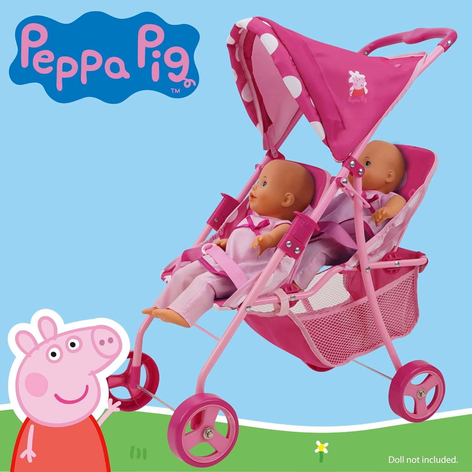 Doll Twin Stroller Pink White Dots Retractable Canopy Fits 24 Inch k7m