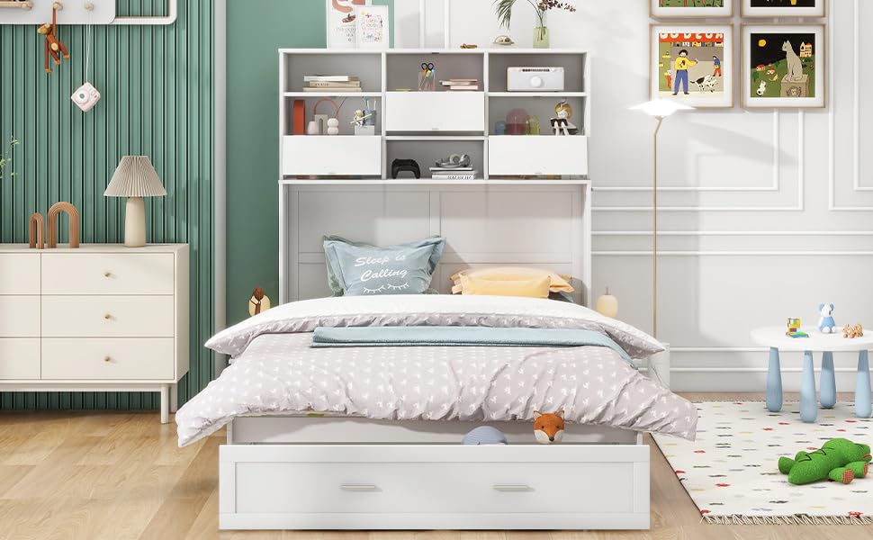 Queen Size Murphy Bed with Bookcase and Drawer White q7