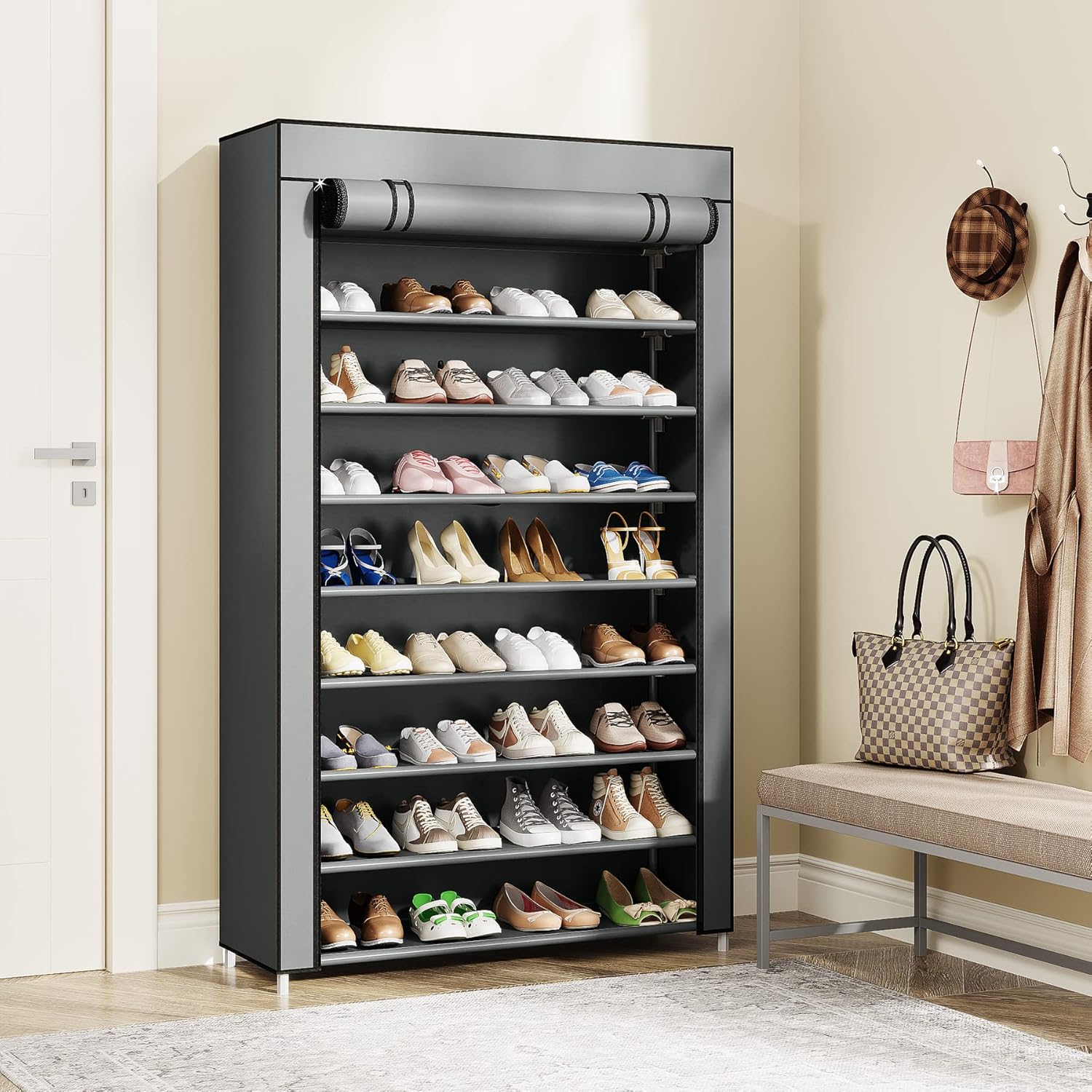 10 Tier Shoe Rack with Cover, Vertical Shoe Shelf for Entryway, 50 Pair Storage Cabinet G7