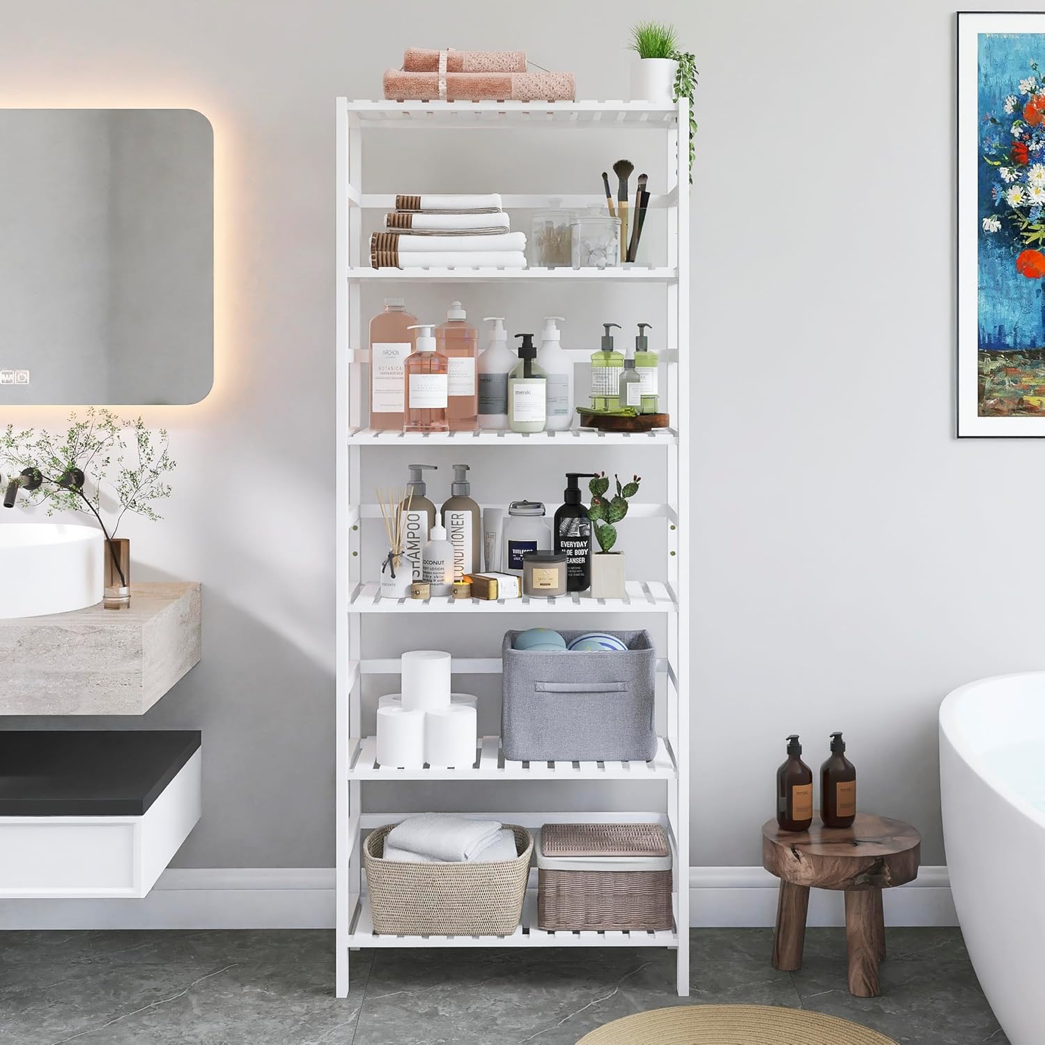 Bamboo Bookshelf Cabinet with Adjustable Shelves and Hooks q7m