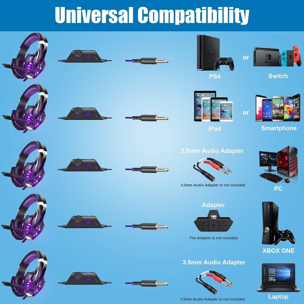 Gaming Headset for PS4 PC Xbox Noise Cancelling Over Ear Mic Purple a7