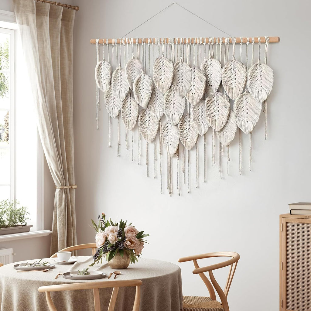 Macrame Wall Hanging Boho Beige Leaves Tapestry Handmade Woven Art k7m