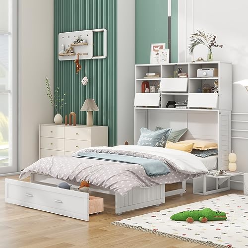 Queen Size Murphy Bed with Bookcase and Drawer White q7