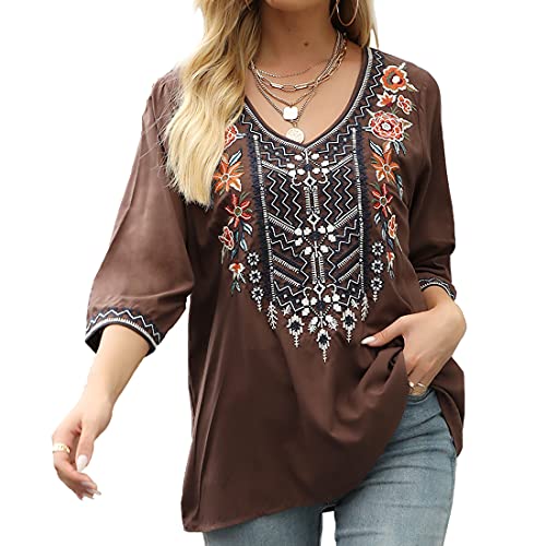 Embroidered 3/4 Sleeve V Neck Peasant Tunic Blouse k7