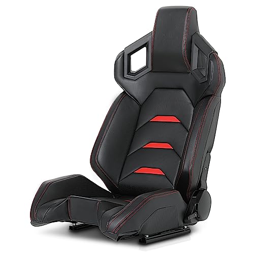 MoNiBloom Universal PVC Bucket Style Reclinable Sport PU Leather Simulator Racing Seat with Adjustable Lock Slide Red