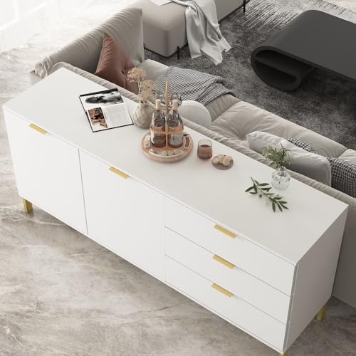 Sideboard Storage Cabinet with Drawers and Doors, Gold Metal Frame Legs White a7