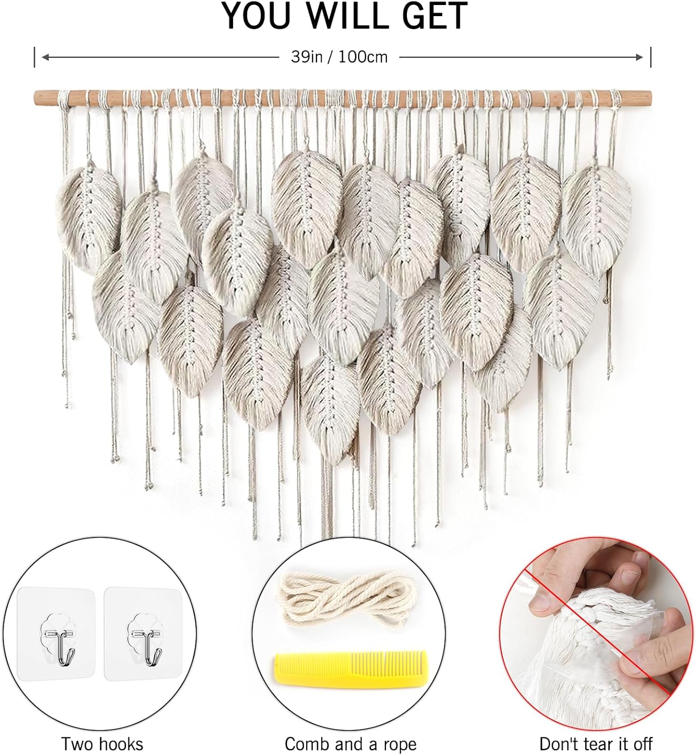 Macrame Wall Hanging Boho Beige Leaves Tapestry Handmade Woven Art k7m