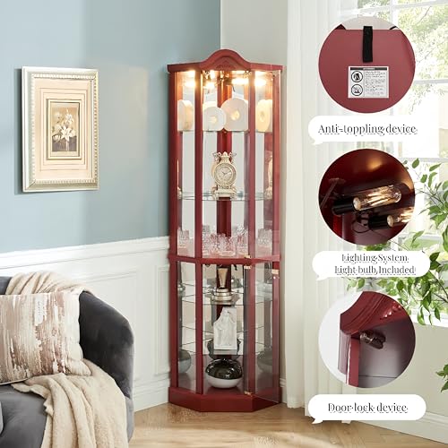 Corner Display Cabinet with Glass Doors and Lighted Shelves q7m