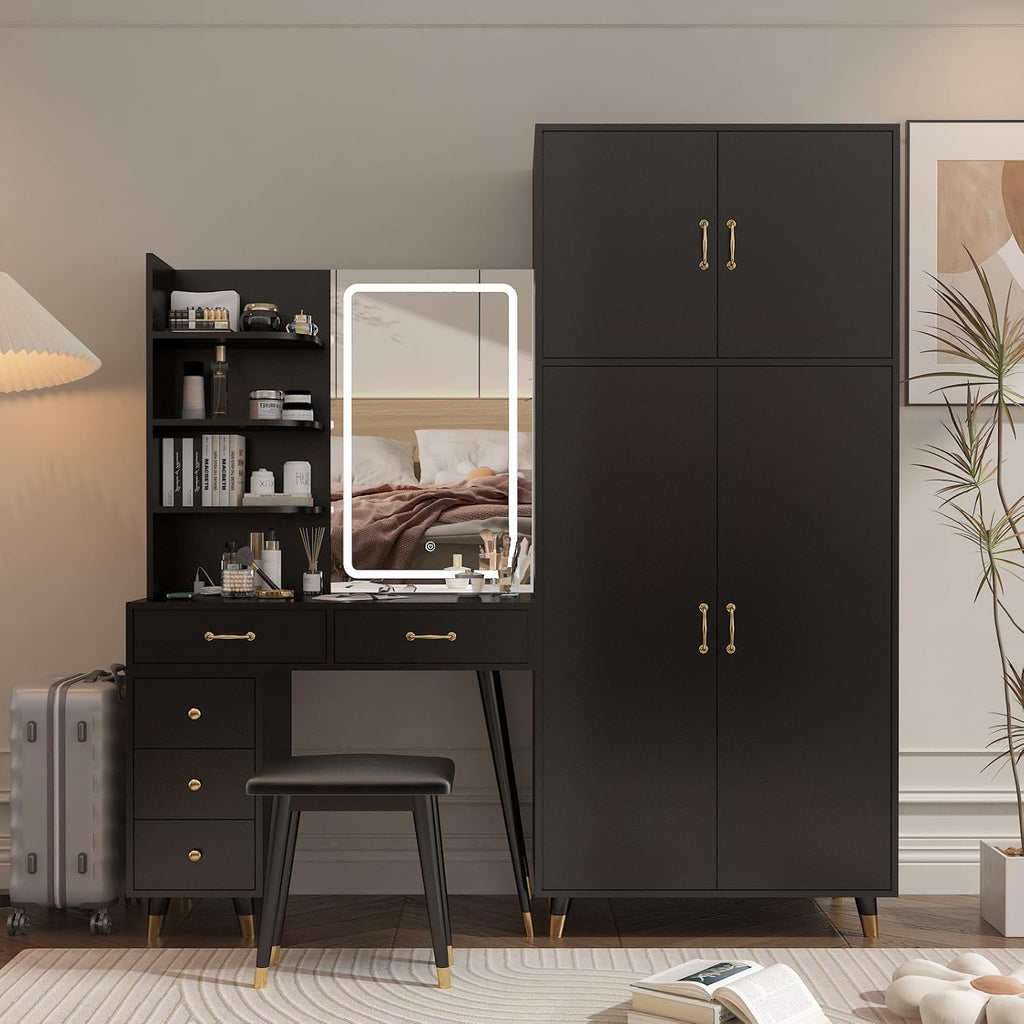 Black Vanity Desk with Mirror and Stool Set 4d
