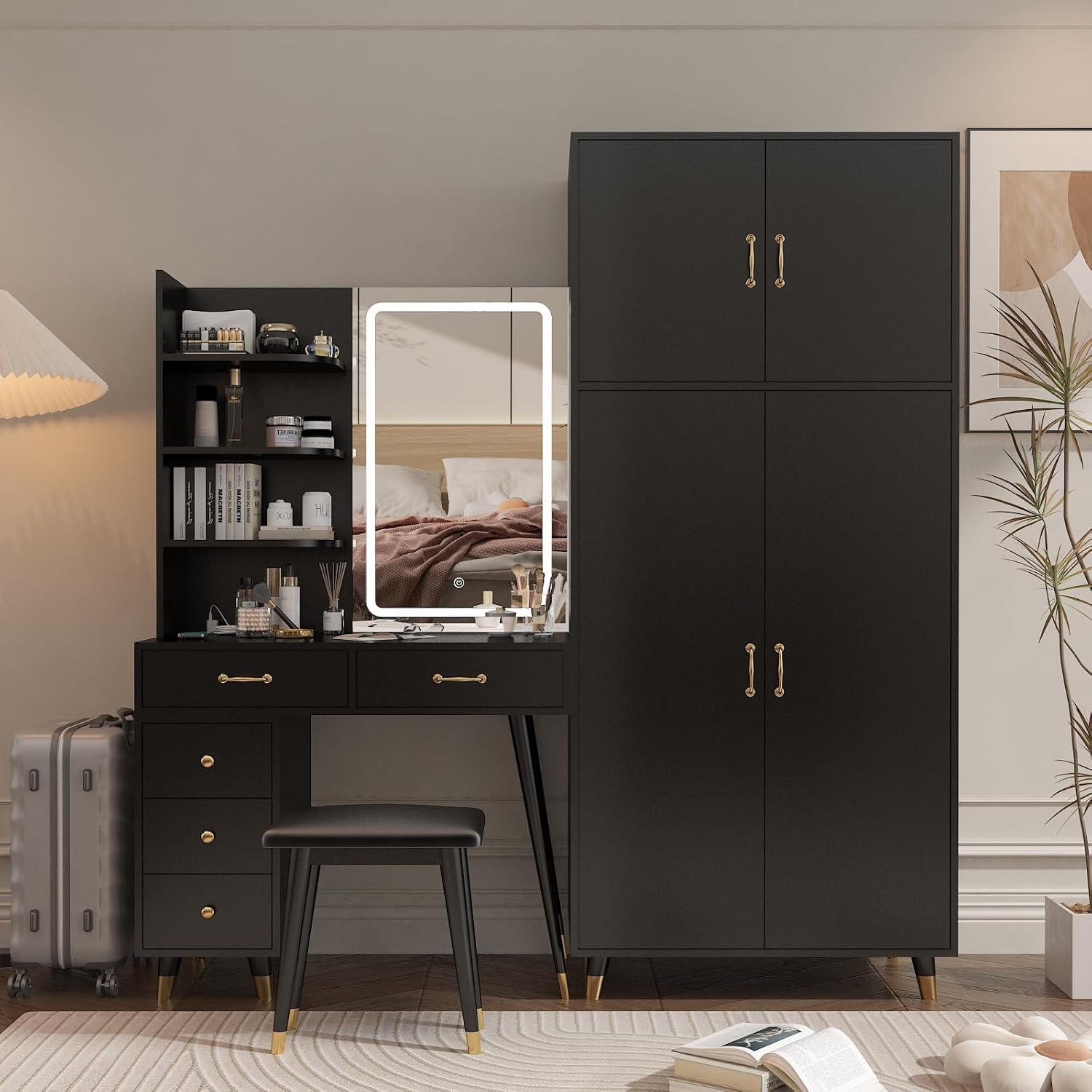 Black Vanity Desk with Mirror and Stool Set 4d