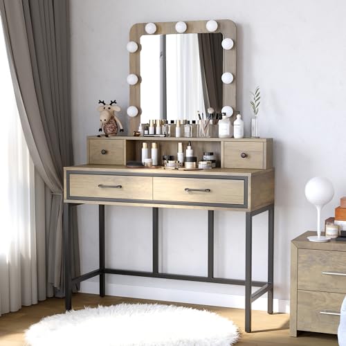 White Vanity Desk with Lighted Mirror and 4 Drawers k7p