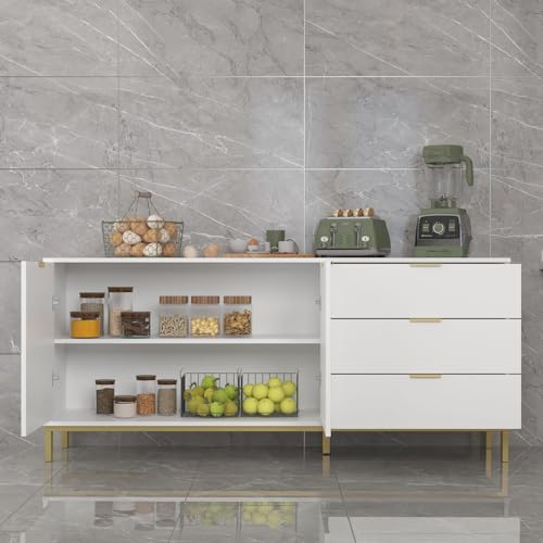 Sideboard Storage Cabinet with Drawers and Doors, Gold Metal Frame Legs White a7
