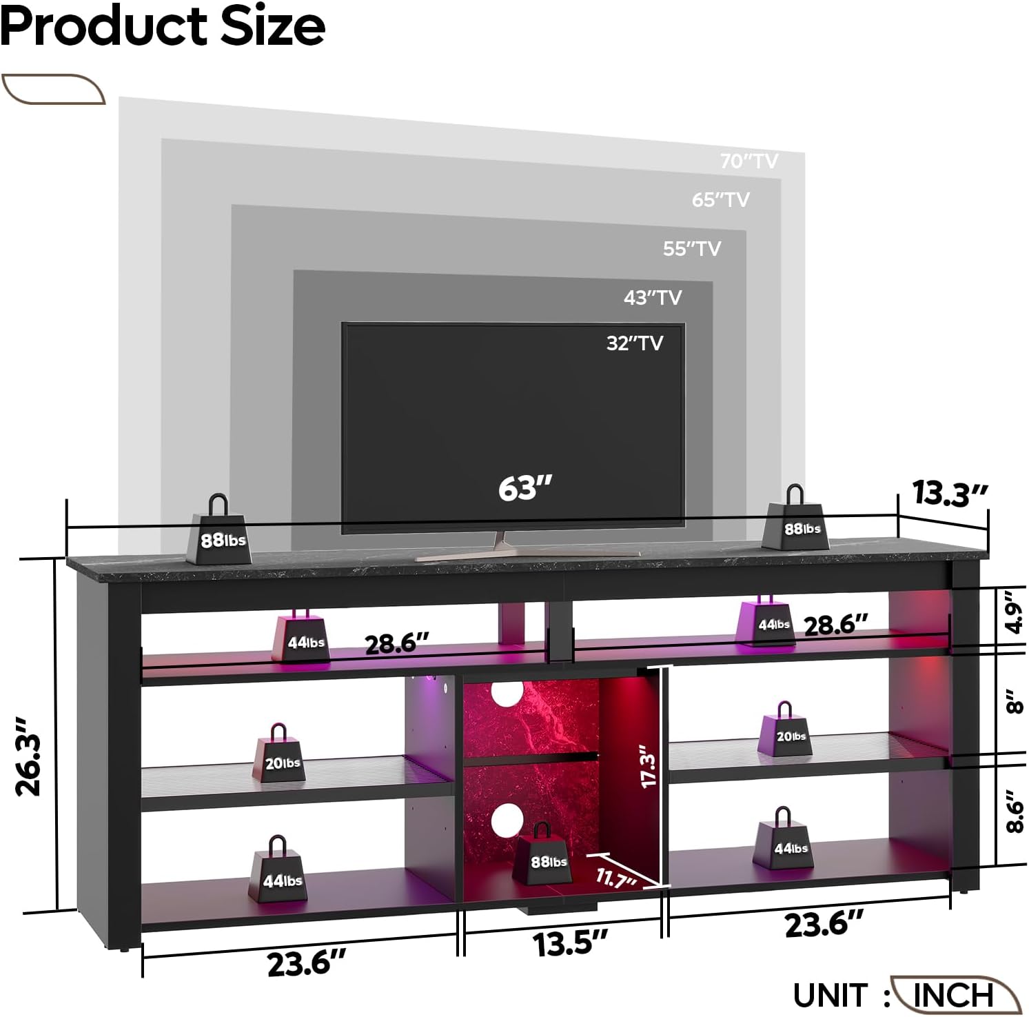 TV Stand for 65/70 inch TV, Entertainment Center with LED Lights, Storage Cabinet, Black Marble k7