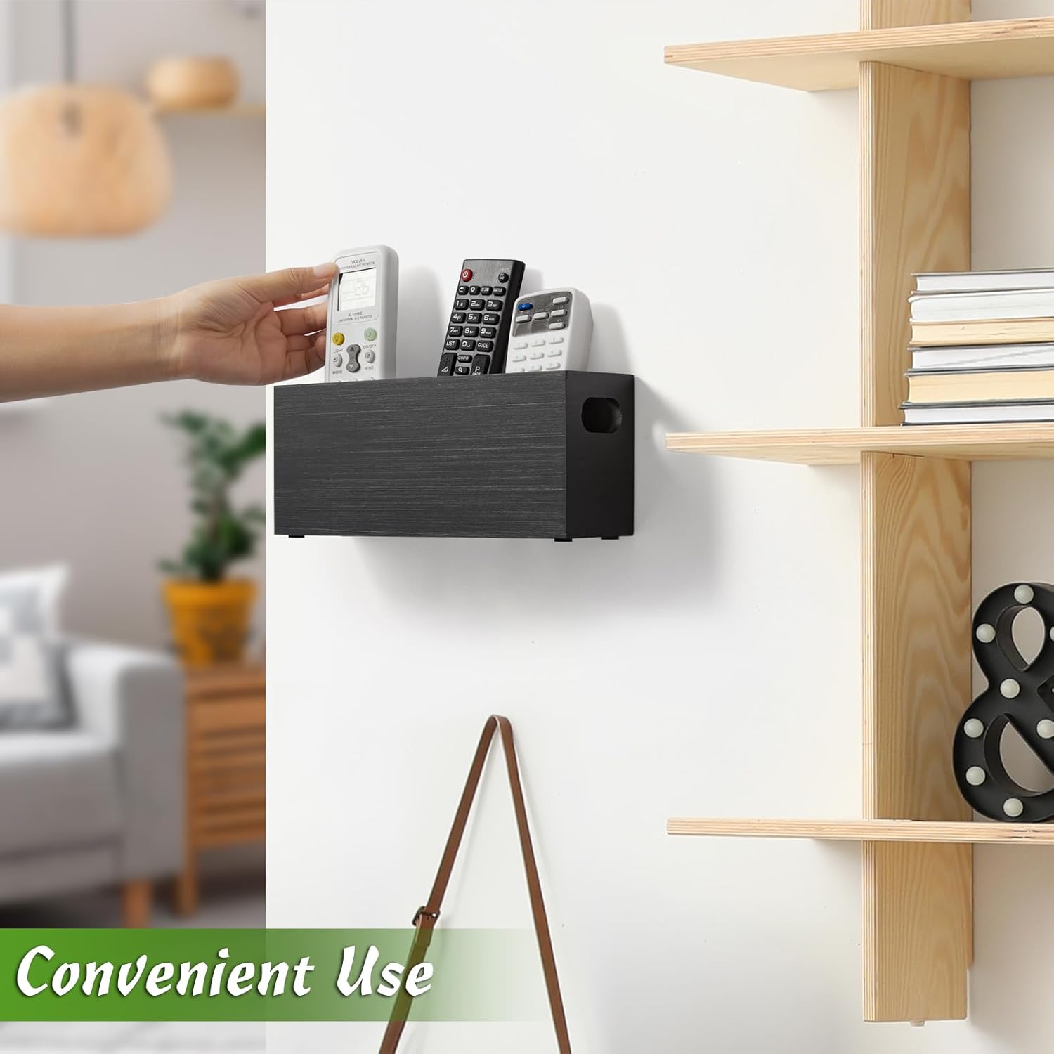 TV Remote Holder Wall Mount 3 Slots Wooden Black a7