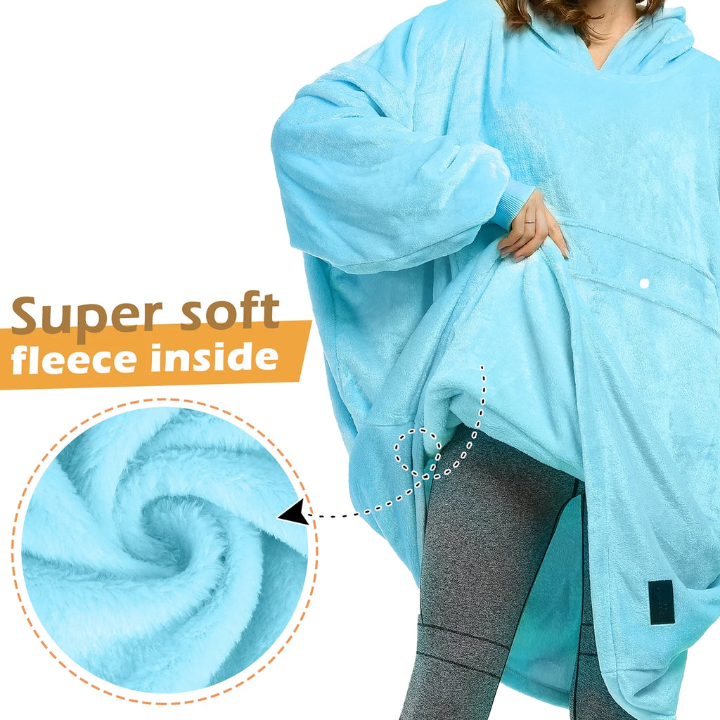 Hooded Blanket Sweatshirt Soft Fleece Pullover Blue k7