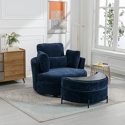 42.2" W Swivel Accent Barrel Chair and Half with Chenille Upholstered Half Crescent Moon Storage Bench Large Ottoman,Suitable for Living Room,Bedroom,Office and Other Places,Beige Combo