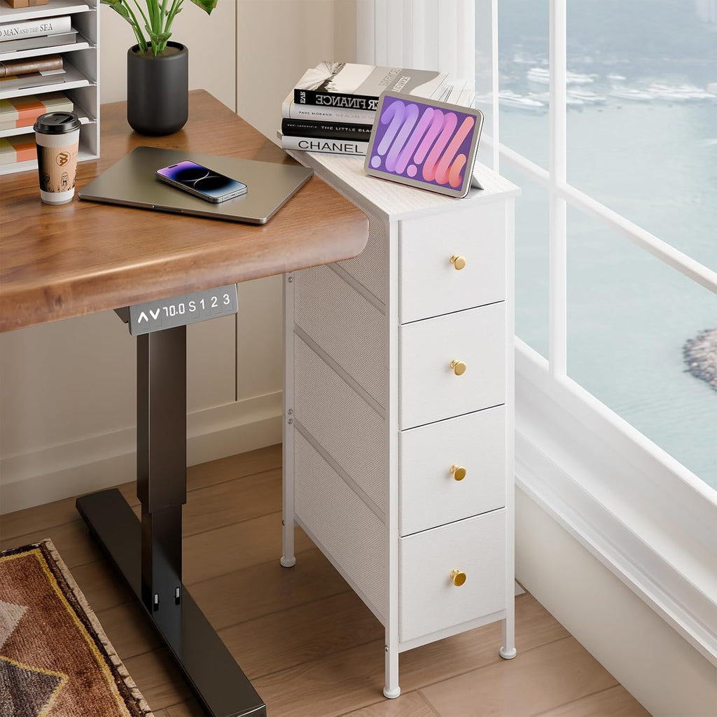 Narrow Storage Cabinet with 4 Drawers, Slim Fabric Tower for Small Spaces, White with Steel Frame and Wood Top k7m