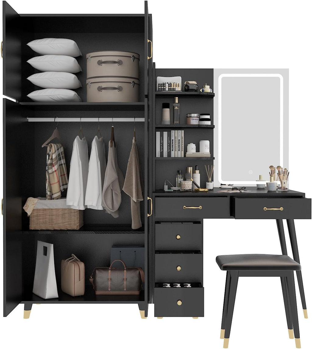 Black Vanity Desk with Mirror and Stool Set 4d