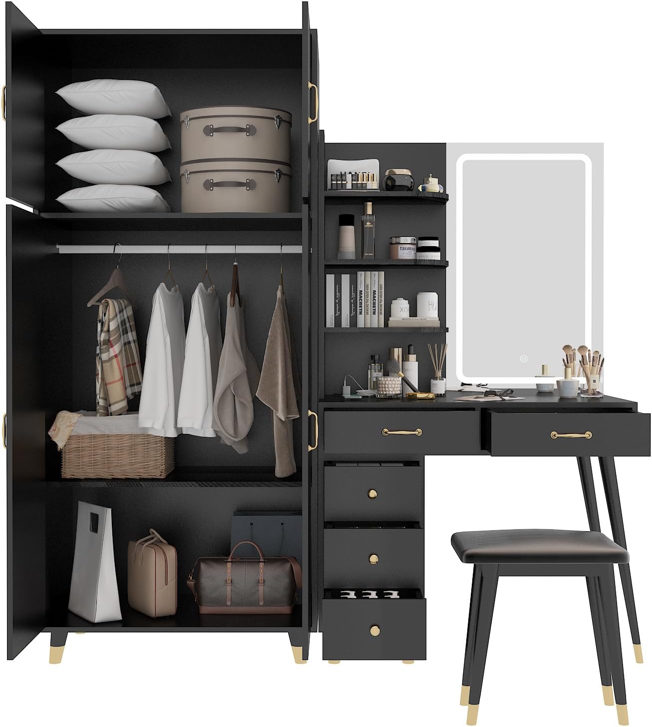 Black Vanity Desk with Mirror and Stool Set 4d