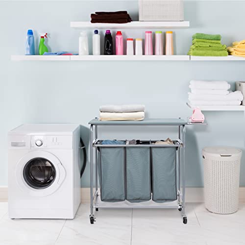 Laundry Sorter with Ironing Board and Rolling 3-Bag Hamper a7k