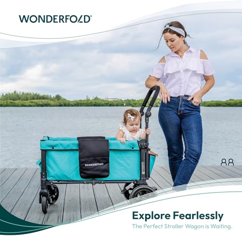 Collapsible Double Stroller Wagon with Seats and Sun Canopy Teal Green k7