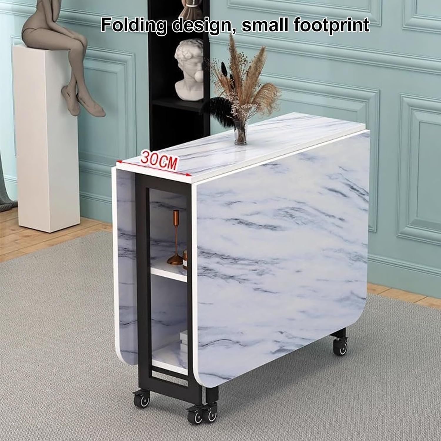 Folding Dining Table with Wheels and Storage Racks a7