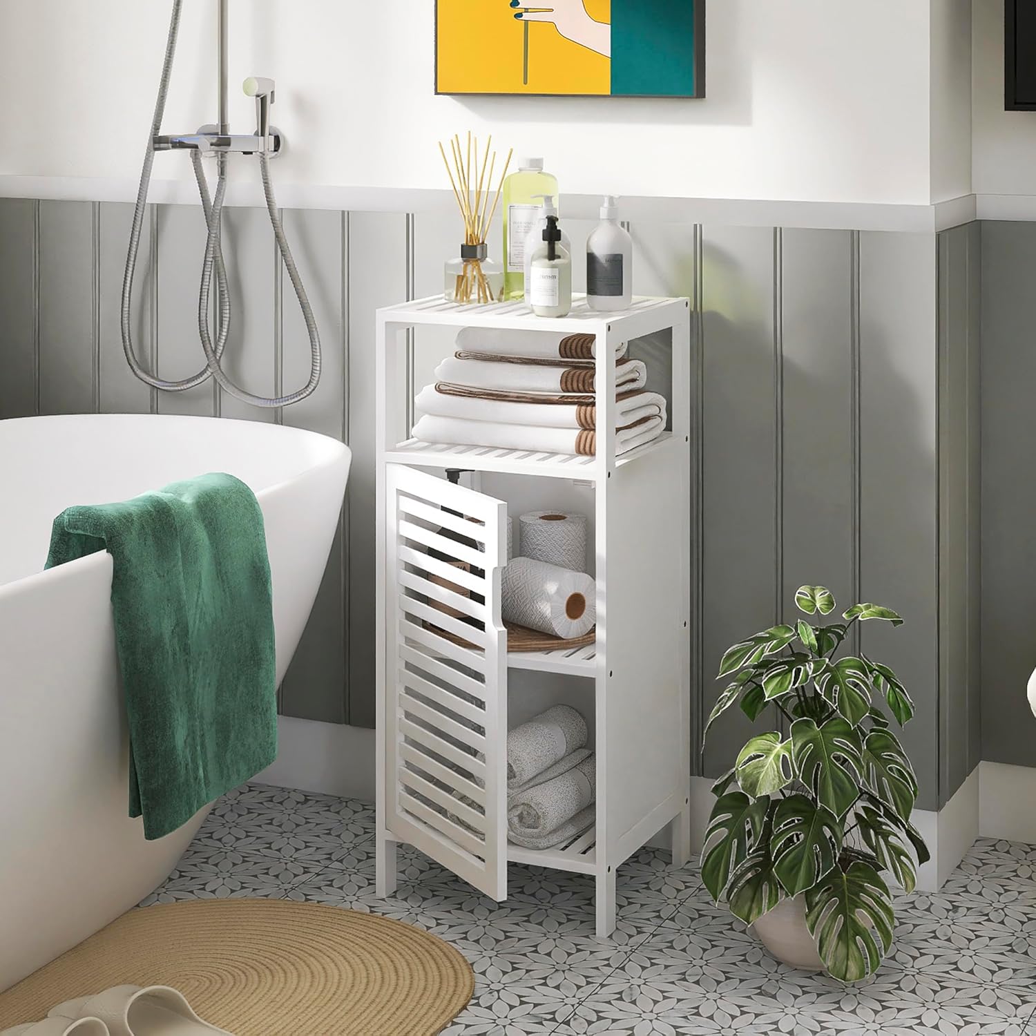 Bamboo Bookshelf Cabinet with Adjustable Shelves and Hooks q7m