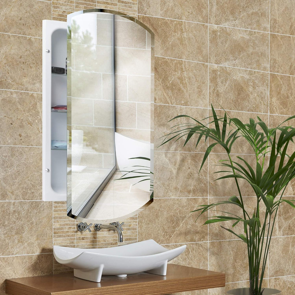 Head West Recessed Medicine Cabinet Mirror with Beveled Edge - Bathroom Mirror with Storage, Adjustable Shelves, Arched Oblong Frameless Design - Metal Vanity Medicine Cabinets for Bathroom Wall 16x30