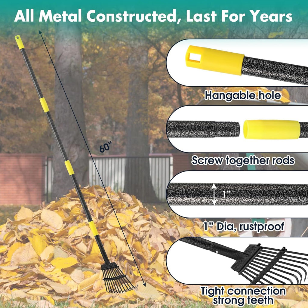 Metal Garden Rake 60 Inch Long Handle for Leaves a7