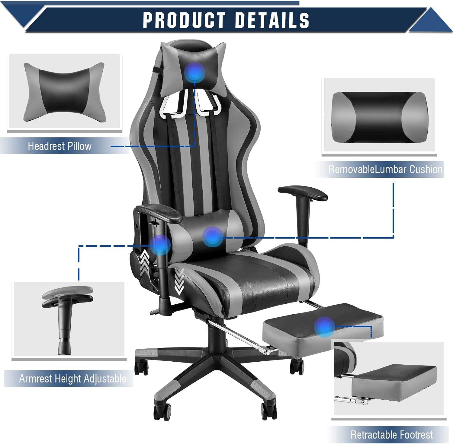 Gaming Chair with Footrest Adjustable Height Headrest Lumbar Pillow k7