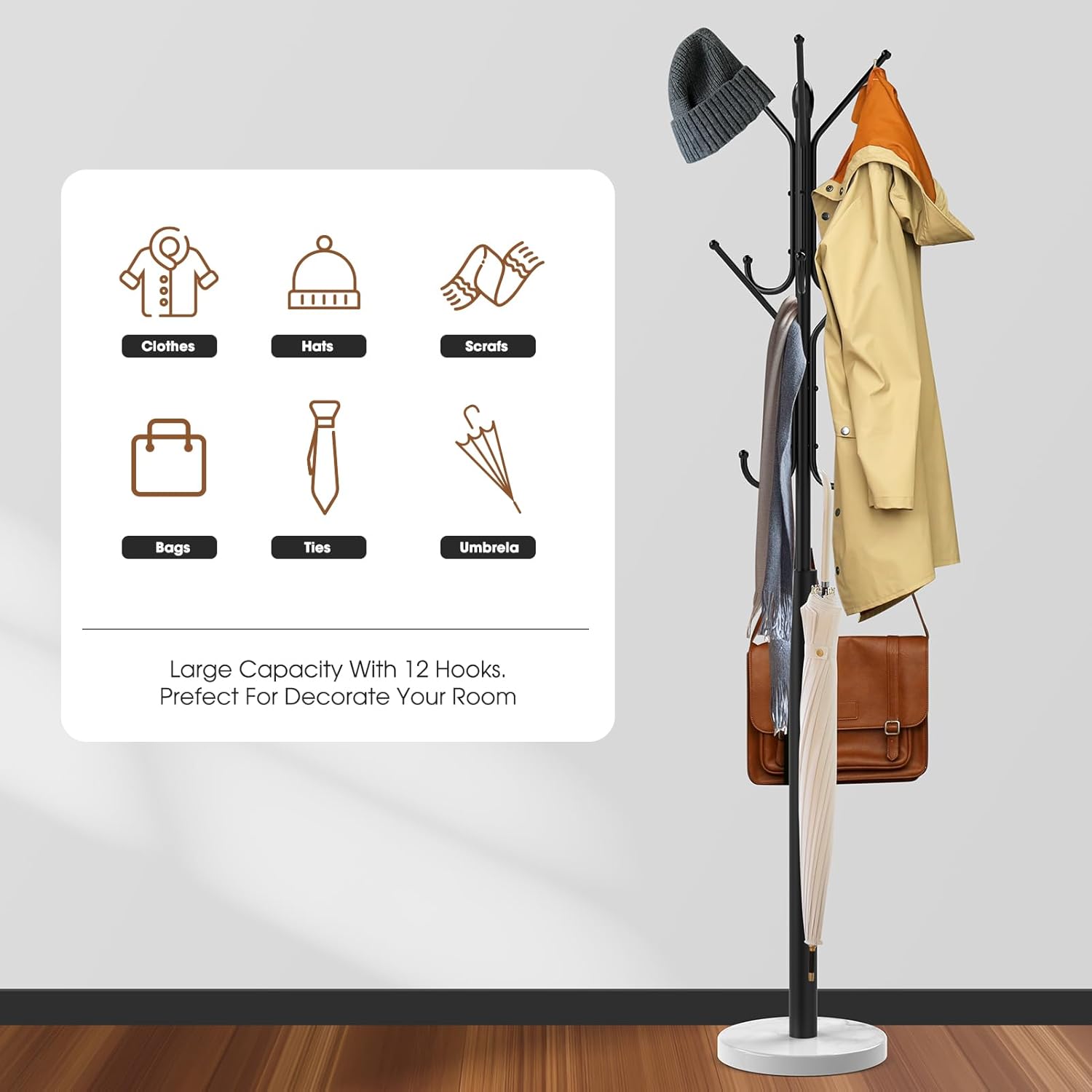 Coat Rack with 12 Storage Hooks, Marble Base7k