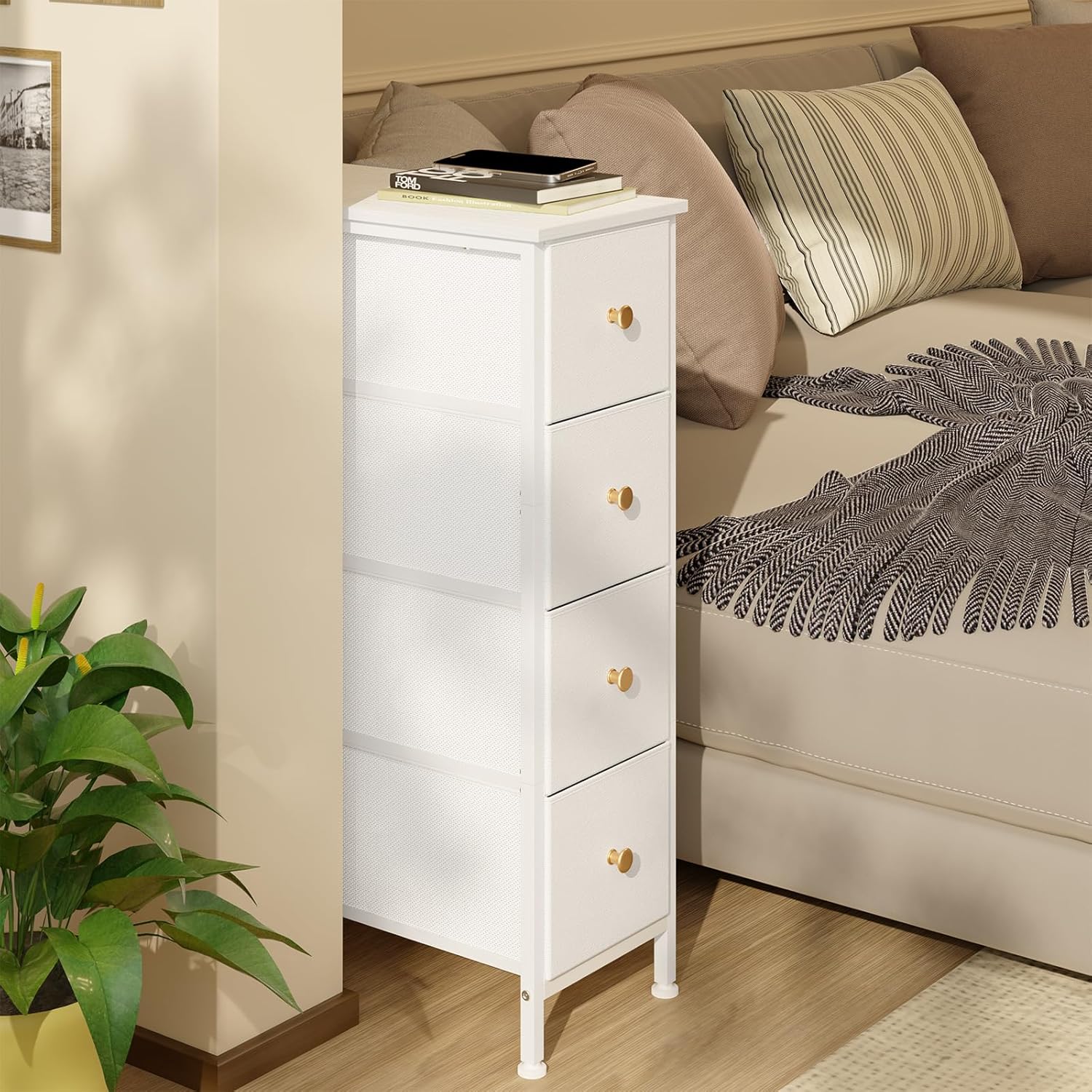 Narrow Storage Cabinet with 4 Drawers, Slim Fabric Tower for Small Spaces, White with Steel Frame and Wood Top k7m