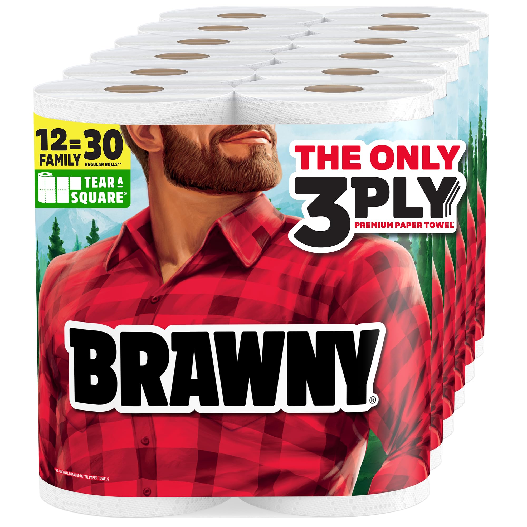 Brawny Tear-A-Square 3-Ply Paper Towels, 12 XL Family Rolls = 30 Regular