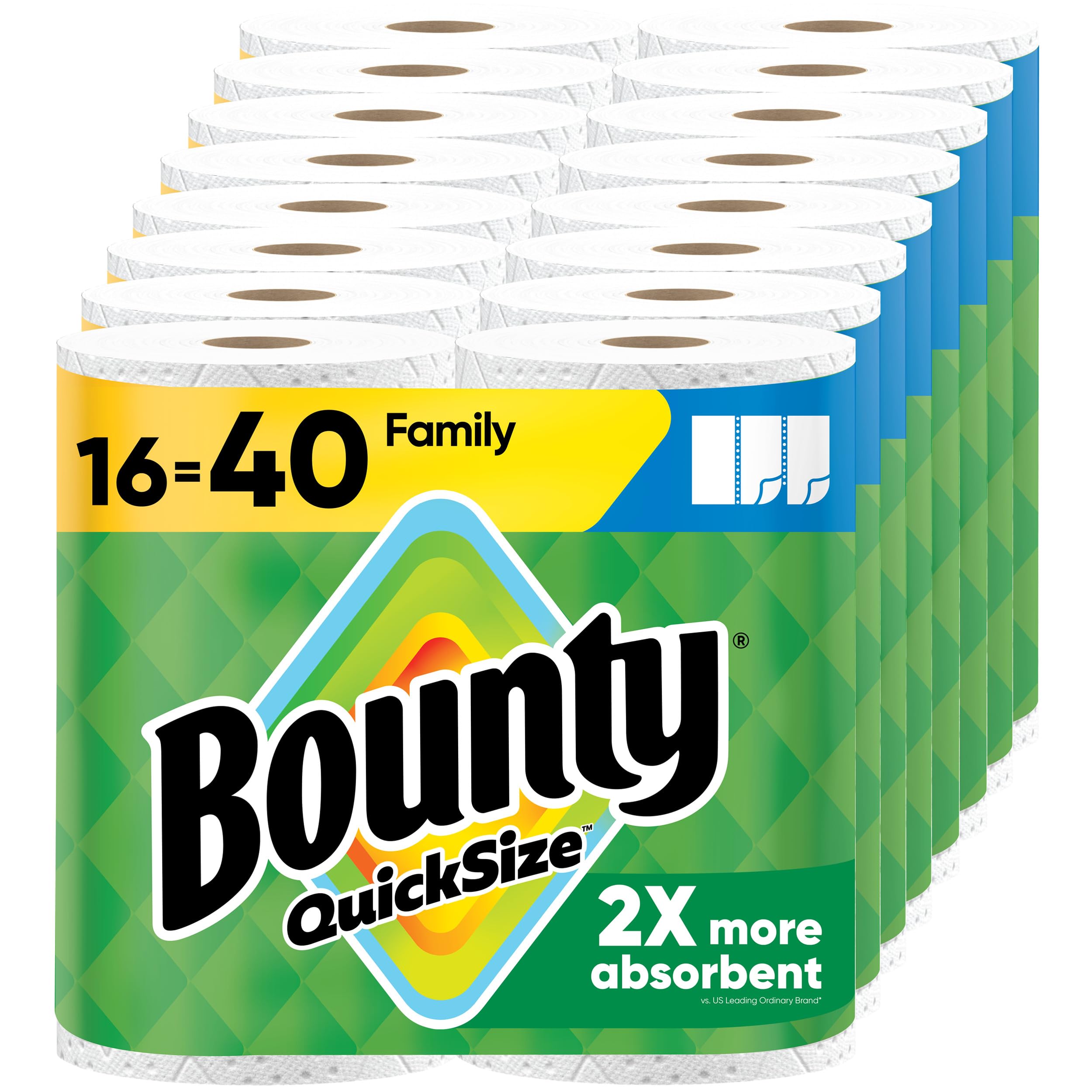 Bounty Paper Towels Quick Size, White, 16 Family Rolls = 40 Regular Rolls