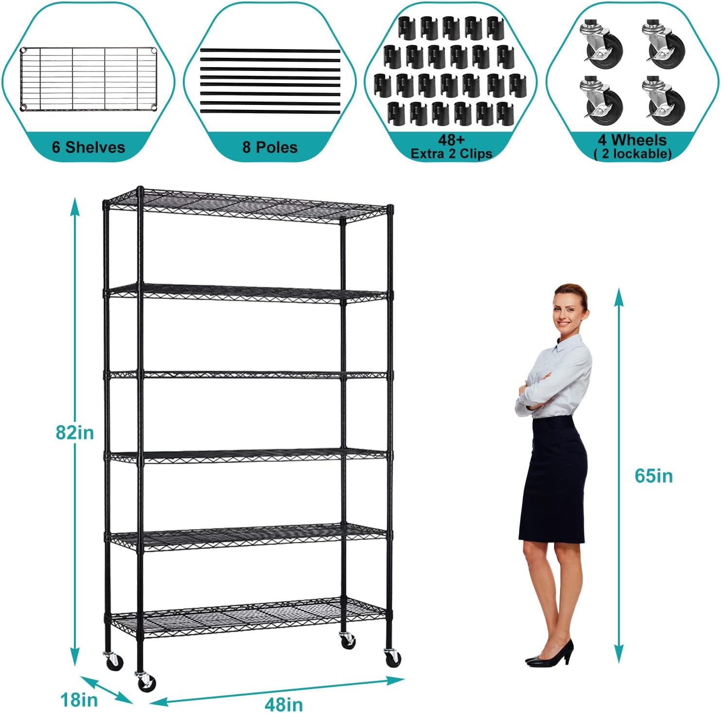 6 Tier Wire Shelving Rack, Heavy Duty Adjustable Storage with Wheels a7